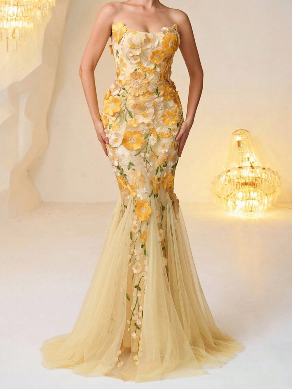 Yellow Elegant Women's Allover Print Patchwork Ruffle Sequin Mesh Formal Gown - Picture 6 of 7